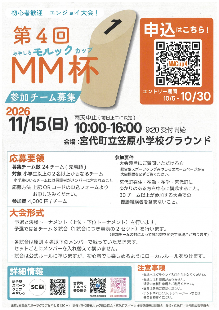 【 11月15日(日)開催】第4回　みやしろモルックカップ　参加チーム募集